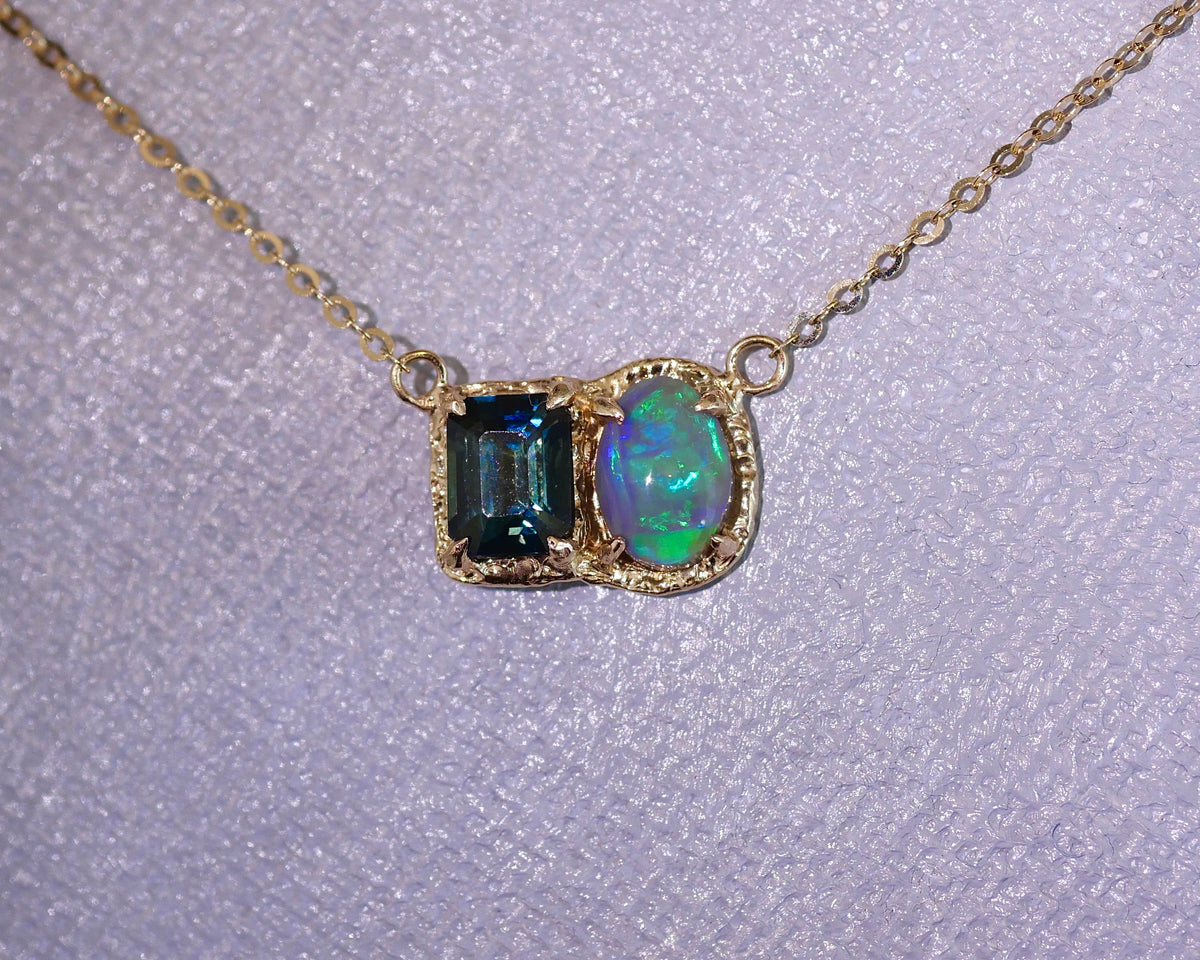 Deep Teal Green Sapphire and Opal Necklace