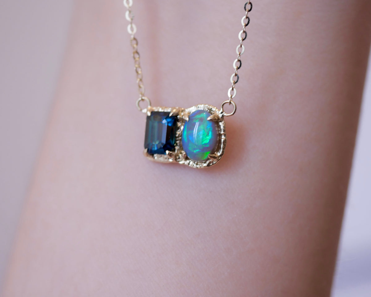 Deep Teal Green Sapphire and Opal Necklace