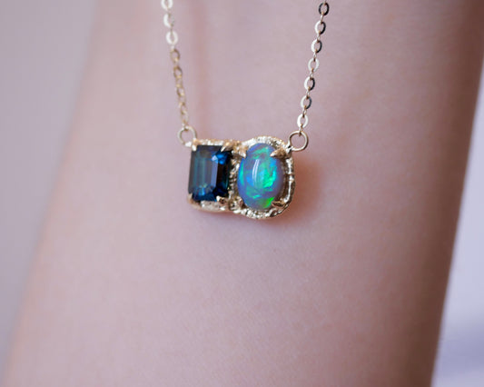 Deep Teal Green Sapphire and Opal Necklace